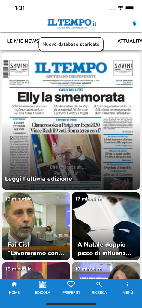 Il Tempo edizione digitale - Screenshot dell'interfaccia dell'app dell'edizione digitale de Il Tempo che mostra la prima pagina del giornale e gli articoli di cronaca