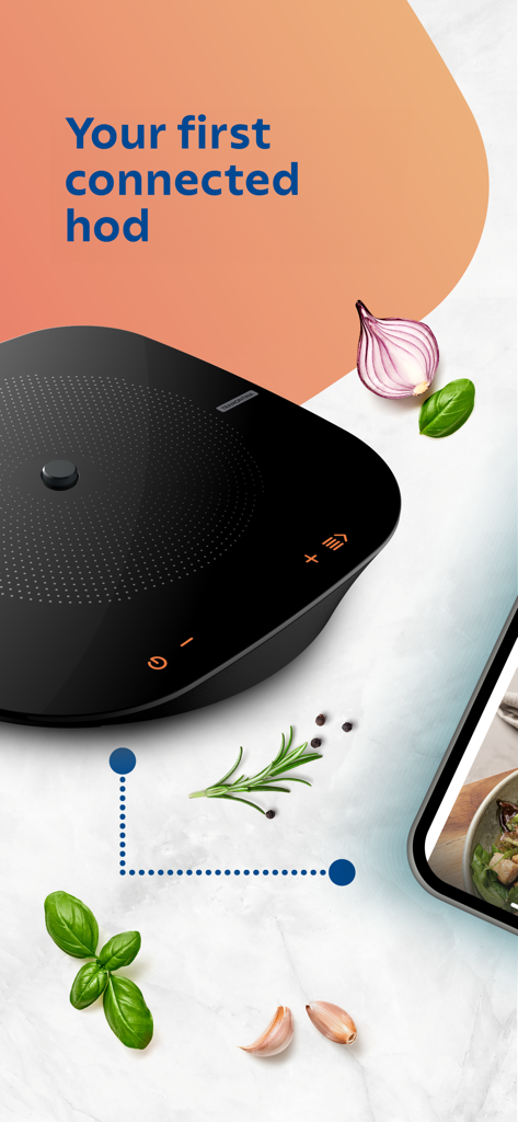 Tramontina Guru - Tramontina Guru smart induction cooktop with fresh ingredients and a smartphone displaying the app
