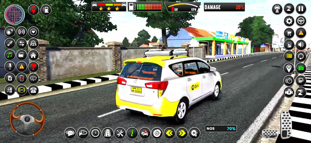 Russian Taxi Driving Simulator - Un taxi blanco y amarillo conduciendo por una calle de la ciudad en un juego simulador móvil con interfaz de volante y salpicadero.
