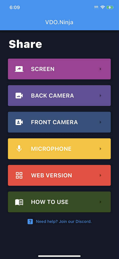 VDO.Ninja - Menu principal de l'application VDO.Ninja montrant les options pour partager l'écran, la caméra et le microphone
