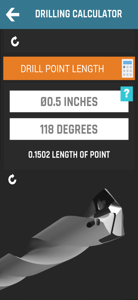 CNC Machinist Calculator Pro - Drilling calculator screen showing drill point length calculation for a 0.5 inch diameter bit at 118 degrees