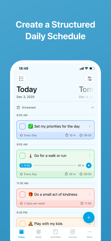 Daily Goal Tracker & Organizer - Daily schedule interface in the Goal Tracker app showing a structured list of habits and tasks