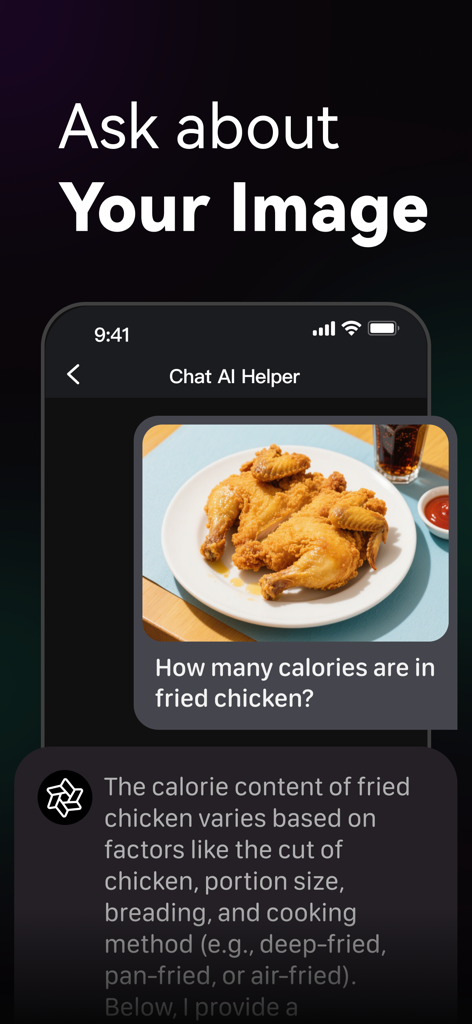 Chat AI 5 - Chatbot Assistant - Assistant Chat AI identifiant les calories à partir d'une photo de poulet frit