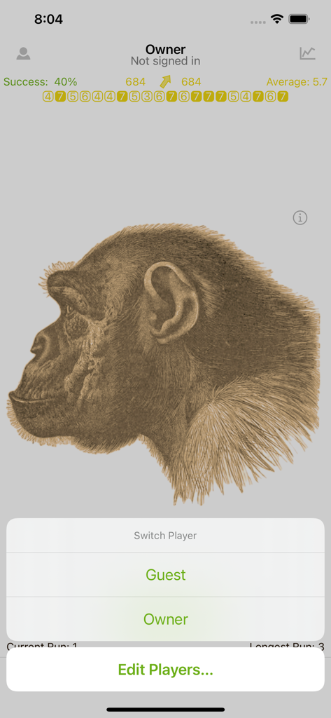 Ape Test - Pantalla de la aplicación Ape Test que muestra estadísticas de rendimiento de memoria y una ilustración del perfil de un chimpancé.