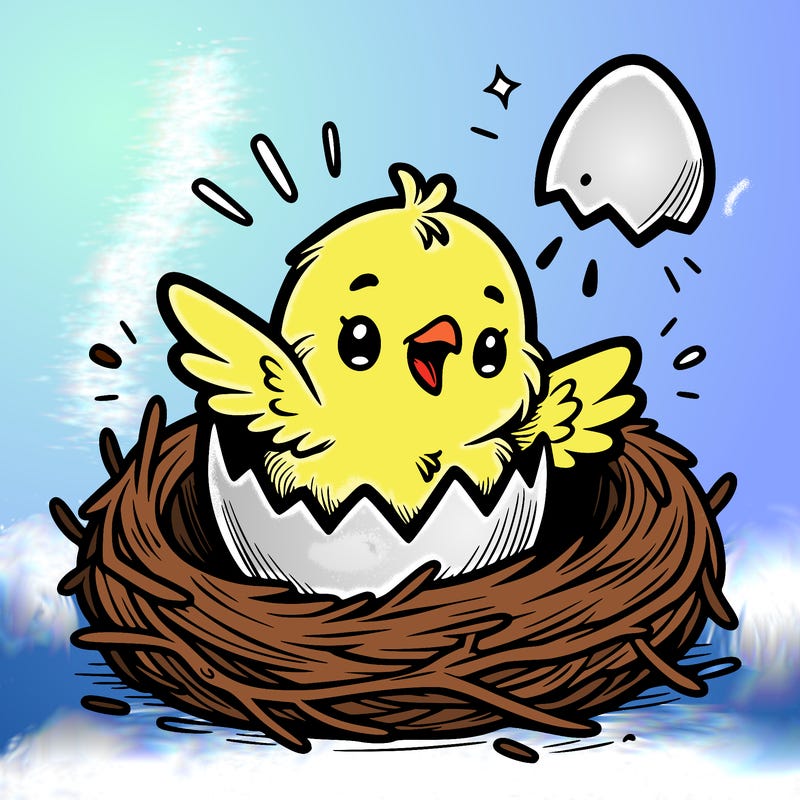 a baby chick hatching from an egg in a nest