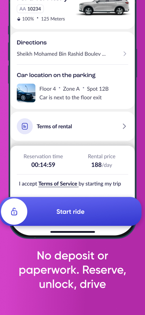 Udrive app interface for starting a car rental with location and price details.