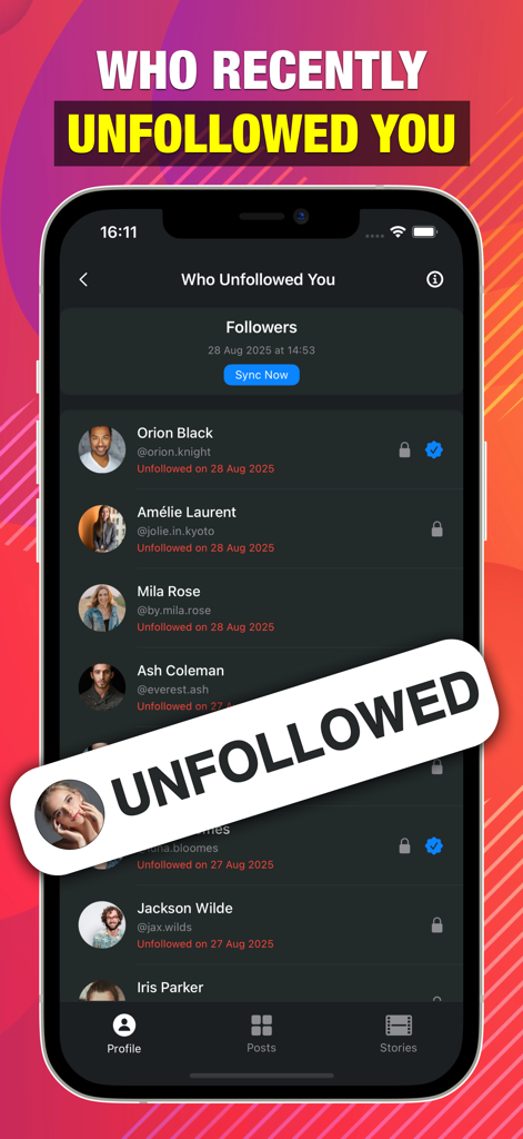 Social Scan app interface showing a list of recent unfollowers on a mobile device.