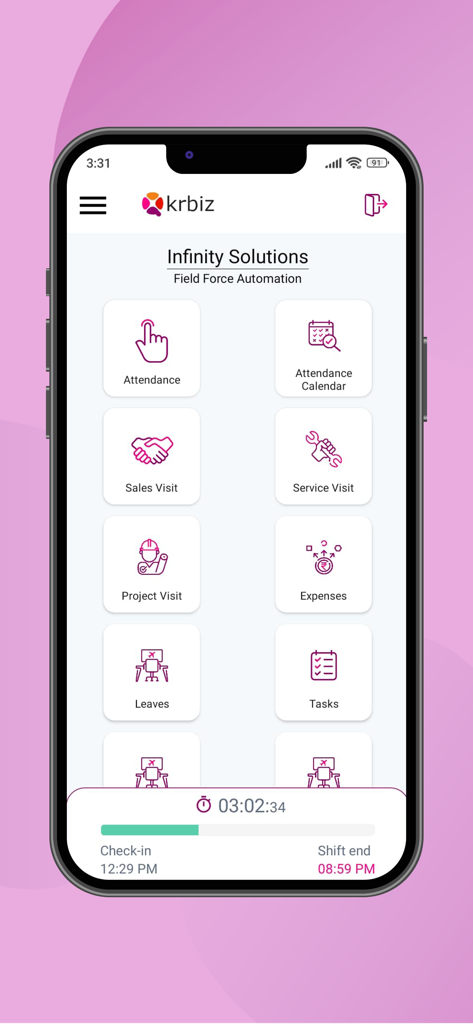 Qkrbiz - Qkrbiz mobile app dashboard featuring field service management modules like attendance, sales visits, and task tracking.