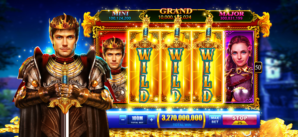 Medieval fantasy themed slot machine with a massive jackpot win and wild sword symbols