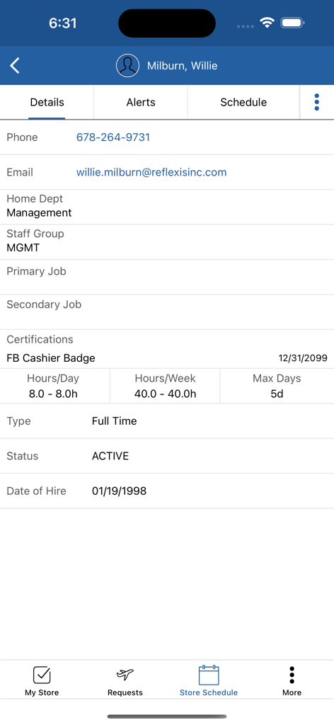 Employee profile and employment details screen in the SM 45 Zebra app