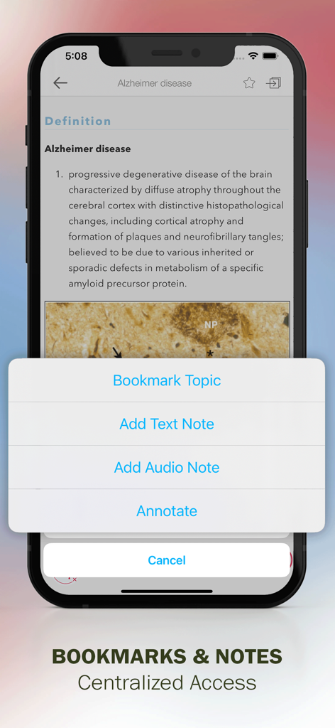 Smartphone screen showing bookmark and note options in the Mosby's Nursing Drug Reference app.