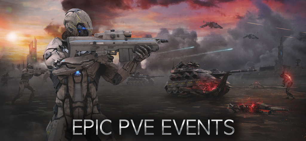 Futuristic soldiers and tanks on a battlefield with text Epic PvE Events