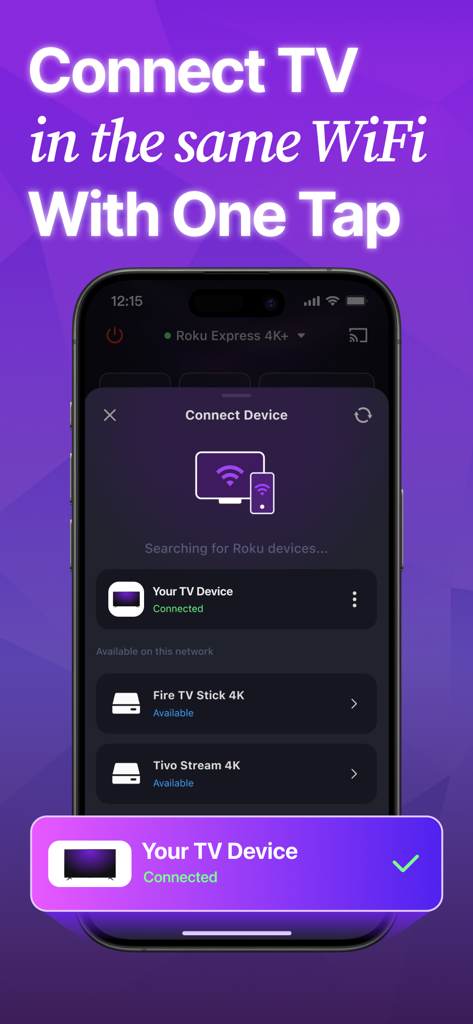 Interface do aplicativo de controle remoto da TV Roku mostrando a tela de conexão WiFi para dispositivos de TV