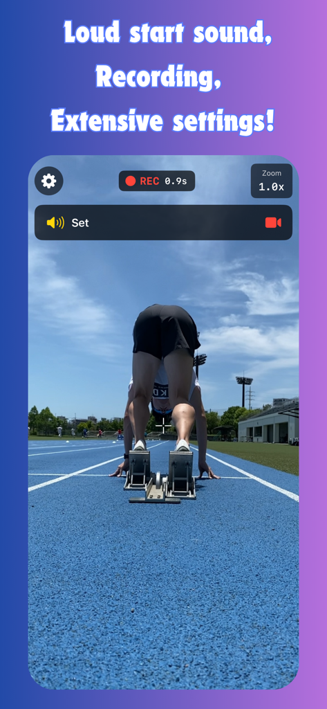 Sprint Start Recorder - Sprint Start Recorder app interface showing a track athlete in starting blocks with active recording and start cue indicators