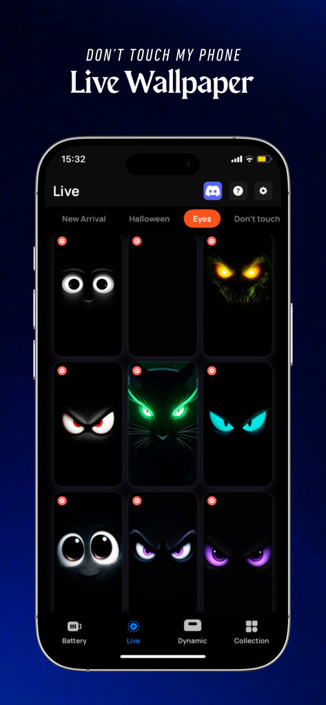 Charging Animation - Chimomo - Interface do aplicativo Chimomo mostrando uma galeria de papéis de parede animados de olhos brilhantes
