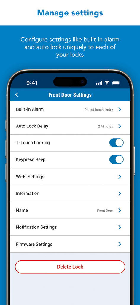 Interface of the Schlage Home app showing various lock settings for a front door, including alarm and auto-lock options.