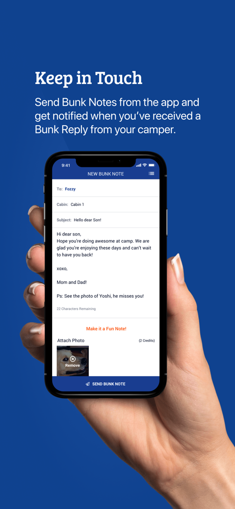 Bunk1 - A person holding a smartphone showing the Bunk1 app interface for sending a digital message to a child at summer camp.