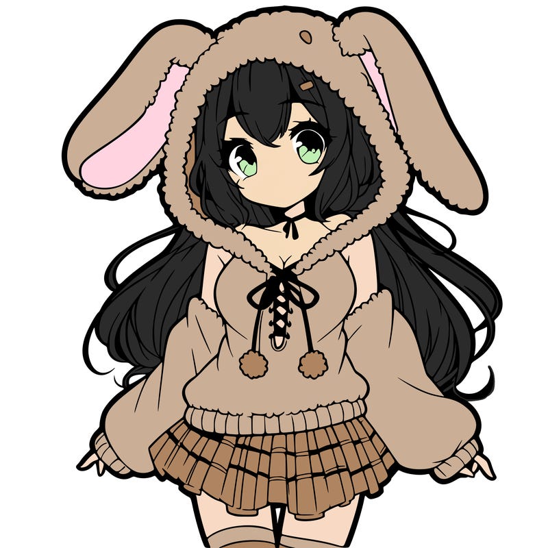 pretty anime girl wearing a fluffy hoodie with bunny ears on the hood and a skirt