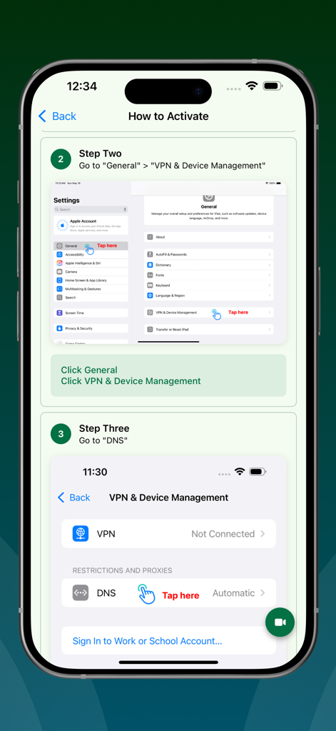 Step by step instructions for activating Kahf Guard DNS filtering on a smartphone