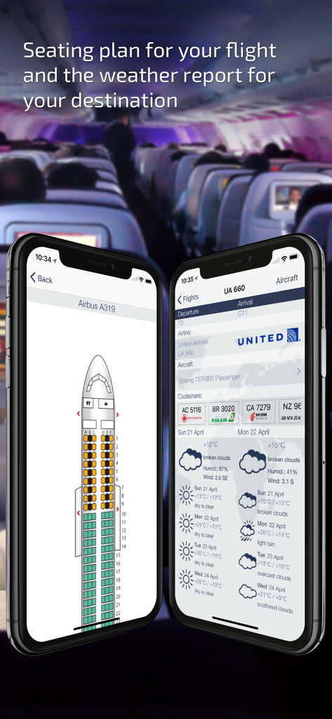 Flight Tracker - Plane Status - Flugzeugsitzplan und Wettervorhersage für das Reiseziel auf einem Smartphone