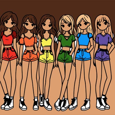 a group of girls wearing crop tops and shorts