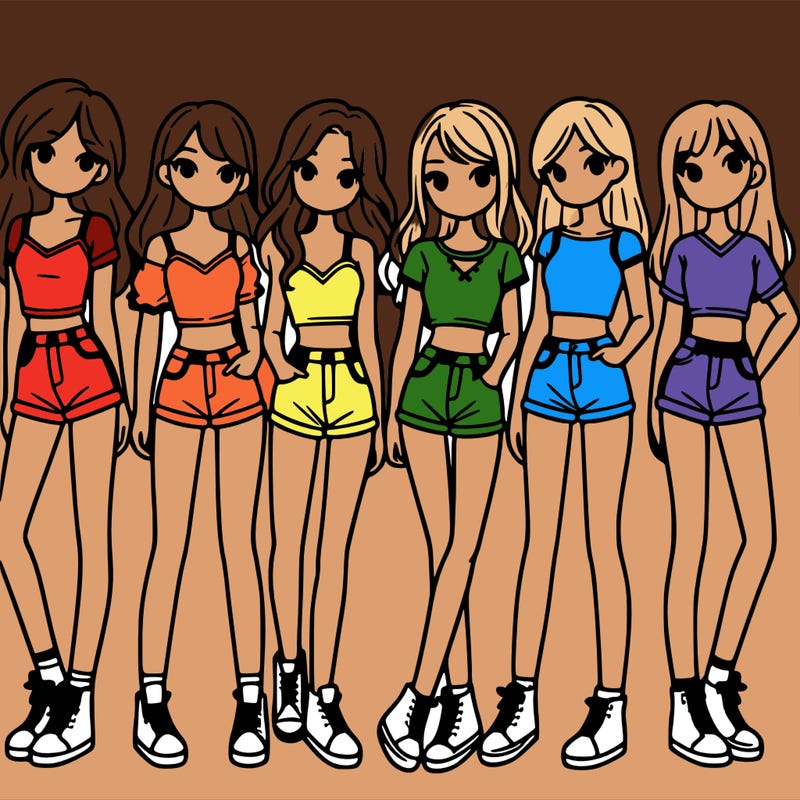a group of girls wearing crop tops and shorts