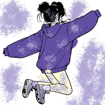 realistic girl jumping with a bun and oversized sweatshirt