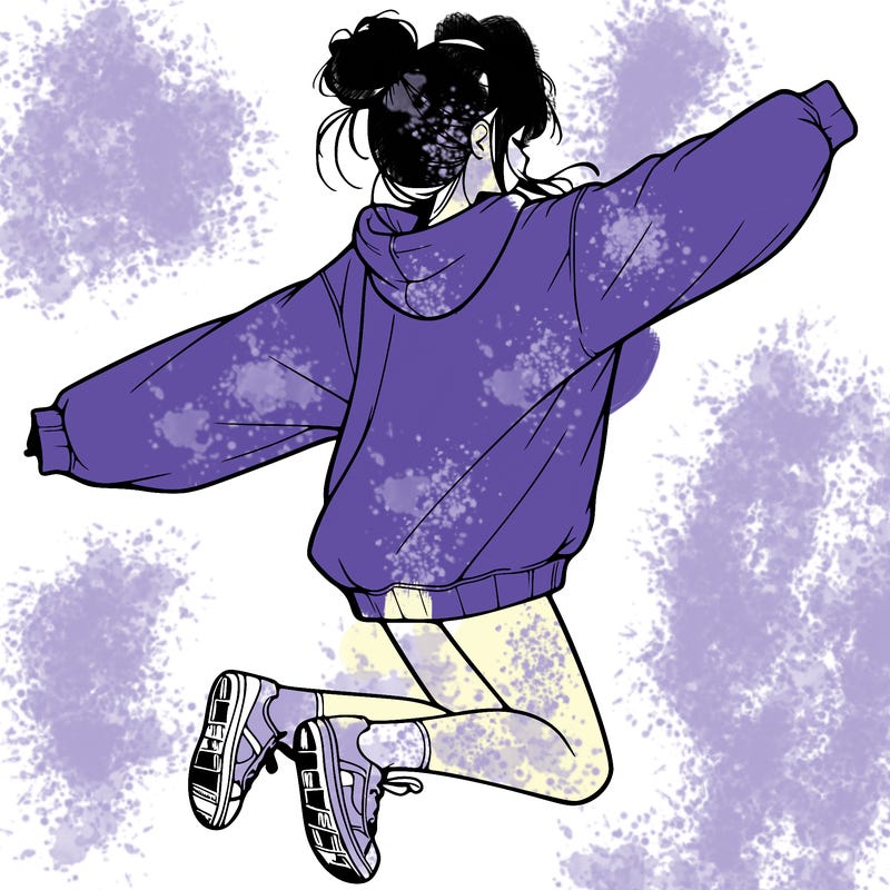 realistic girl jumping with a bun and oversized sweatshirt