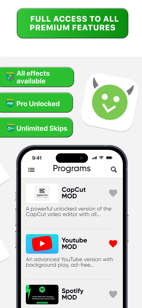 Happi Mod - Working Mods - Pantalla de la aplicación Happi Mod que muestra características premium desbloqueadas y una lista de aplicaciones modificadas.