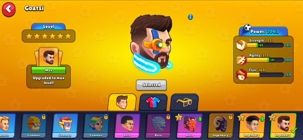 MamoBall - Soccer Game - MamoBall legendary character Goatsi customization screen showing player stats for power strength agility and flair