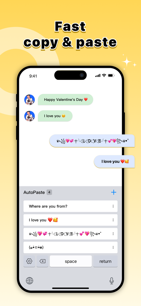 Stylish Font for Keyboard - A smartphone screen showing the autopaste keyboard feature with decorative fonts and symbols in a chat window