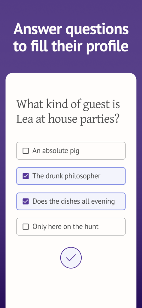 A screenshot of the Blindmate app showing a friend answering personality questions to help create an authentic dating profile for someone else.