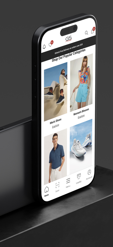 GS - GS mobile app interface showing popular fashion categories for men and women on a smartphone.