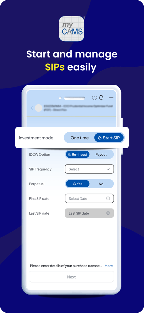 myCAMS Mutual Fund App - Mobile Ansicht der myCAMS-App, die die Benutzeroberfläche zum Starten und Verwalten von systematischen Anlageplänen zeigt