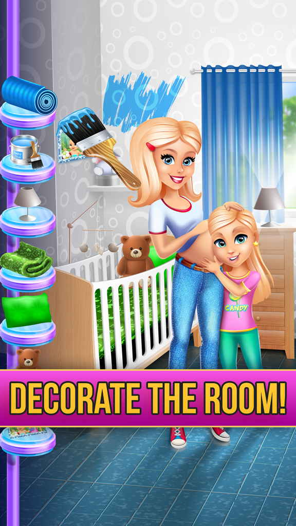 Una hermana mayor y su madre embarazada decorando la guardería del bebé recién nacido.