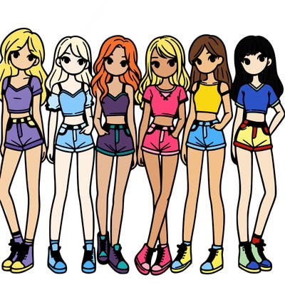 a group of girls wearing crop tops and shorts