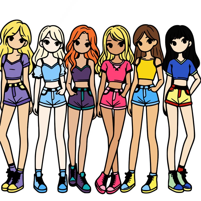 a group of girls wearing crop tops and shorts