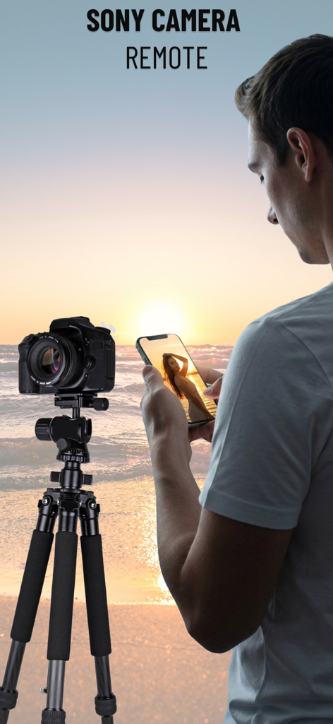 Control Wifi Sony Camera App - Un hombre usando un smartphone para controlar de forma remota una cámara Sony en un trípode al atardecer