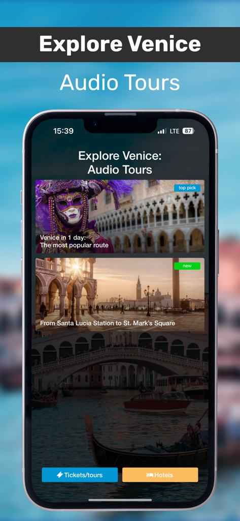 Venice Audio Guide Offline Map - Schermata di selezione dei tour audio di Venezia che mostra percorsi a piedi popolari