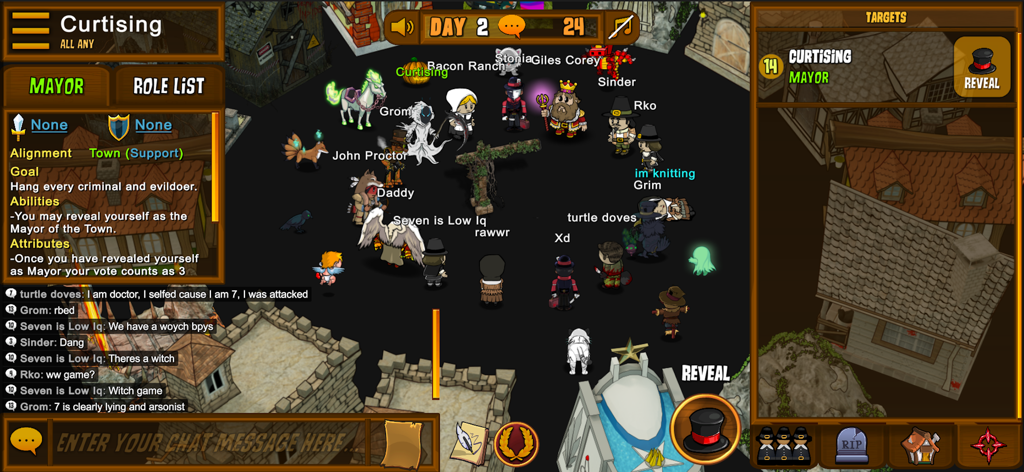 Town of Salem - The Coven - Gameplay of Town of Salem The Coven showing the Mayor role interface and player chat during the day phase