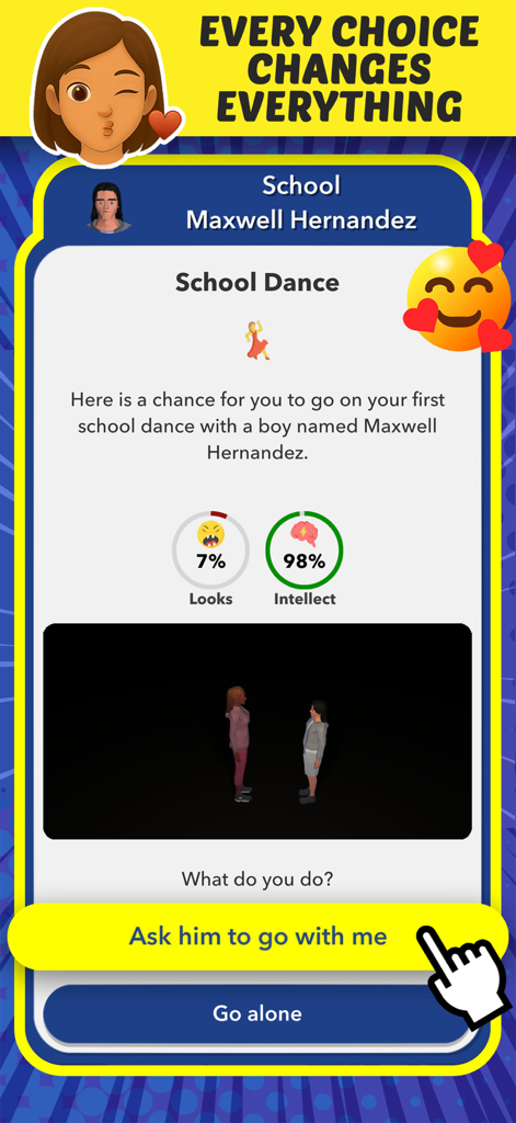 Enclaver - Life Simulator - A choice screen in Enclaver Life Simulator for a school dance interaction with character stats