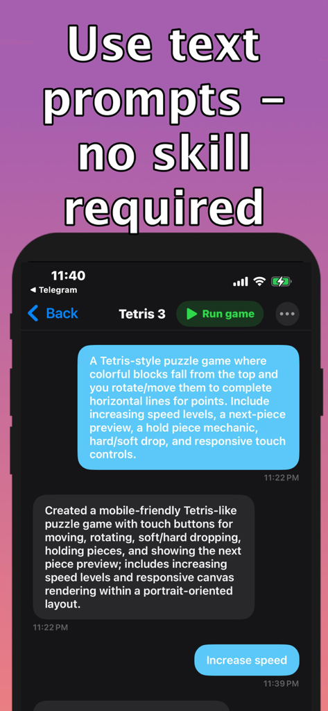 Interface do Game Builder AI mostrando um usuário criando um jogo de quebra-cabeça estilo Tetris usando prompts de texto simples
