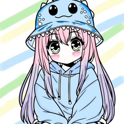 girl with anime shaped eyes with a dinosaur bucket hat oversized sweatshirt long straight hair