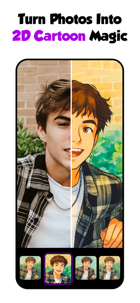 Side-by-side comparison of a young man's photo and its 2D cartoon transformation.