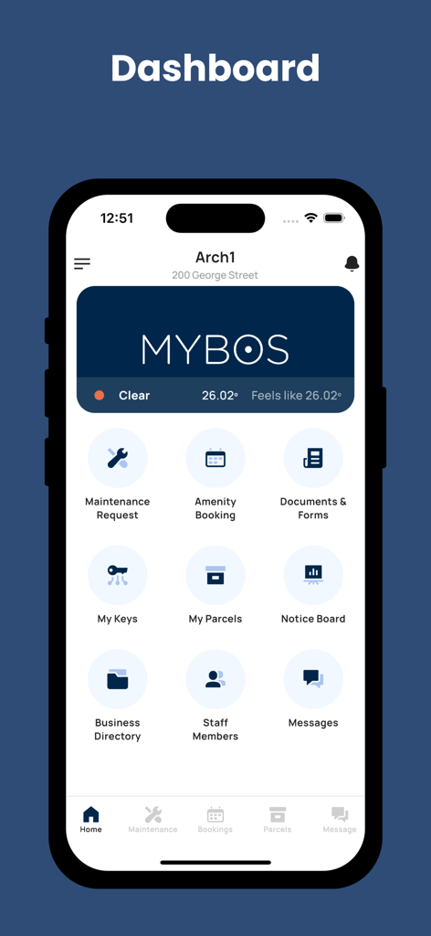 Dashboard of the MYBOS Resident app showing icons for maintenance requests amenity bookings and parcel tracking