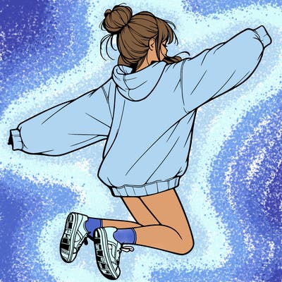realistic girl jumping with a bun and oversized sweatshirt