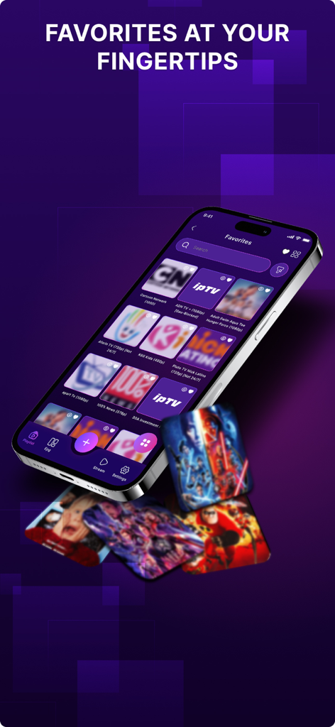 IPTV Player: Xtream, M3U, EPG - Un iPhone que muestra la cuadrícula de canales favoritos dentro de la aplicación IPTV Player