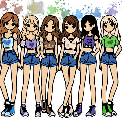 a group of girls wearing crop tops and shorts