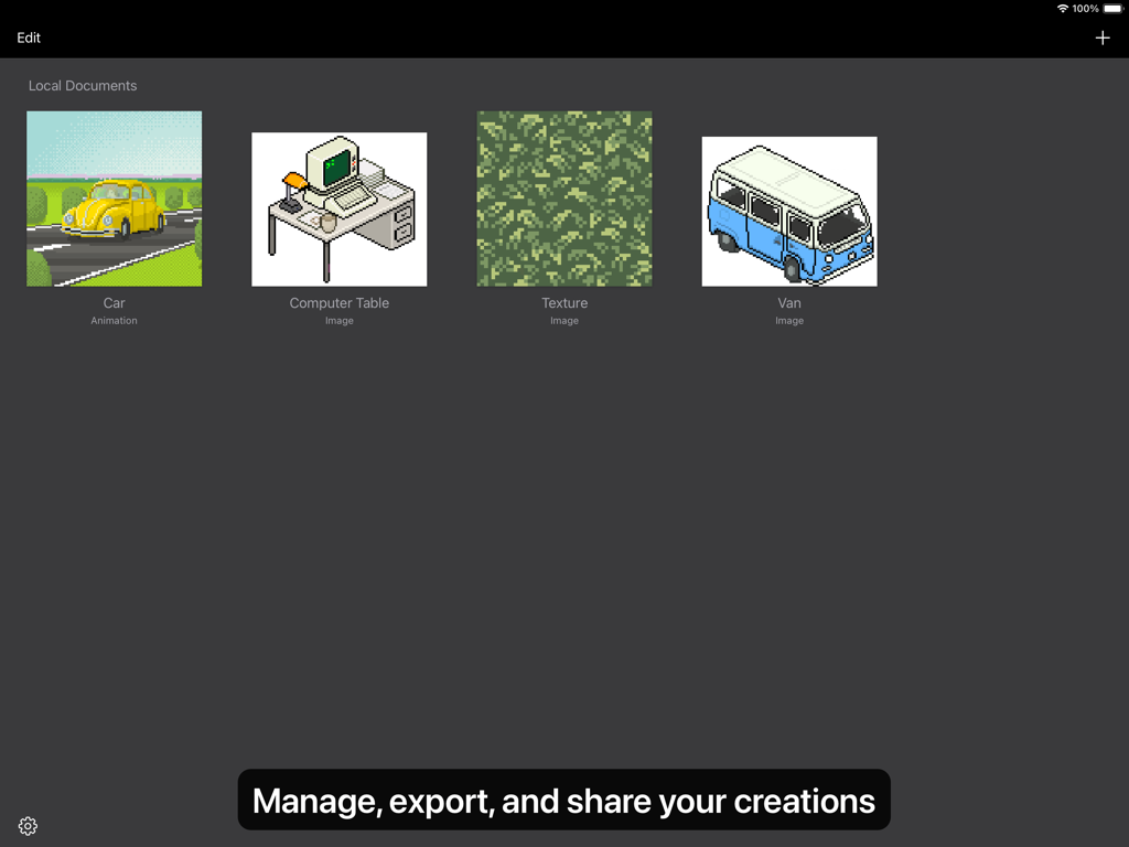 Pixen - pixel art editor - 자동차, 컴퓨터 책상, 텍스처 등 다양한 픽셀 아트 창작물을 보여주는 Pixen 앱의 갤러리 뷰