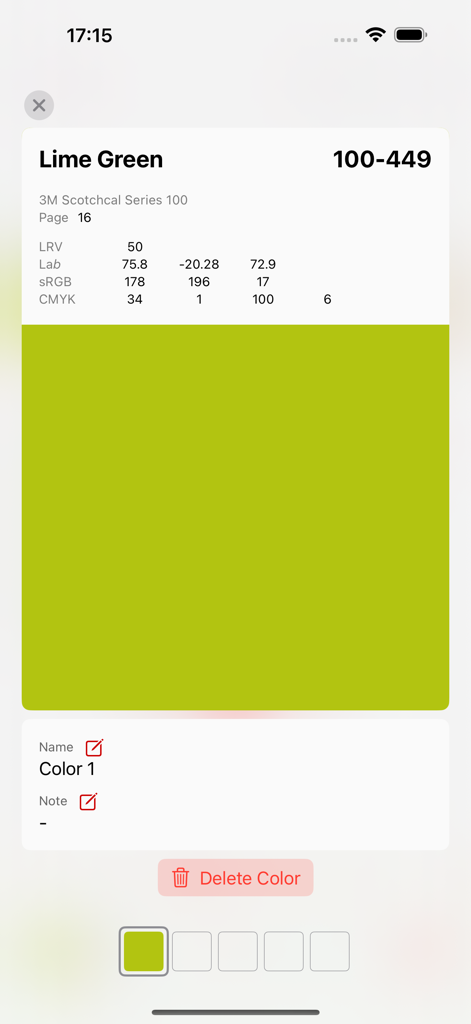 CAL Select 앱 인터페이스, RGB 및 CMYK 값을 포함한 3M Scotchcal Series 100 라임 그린에 대한 기술 색상 사양 표시